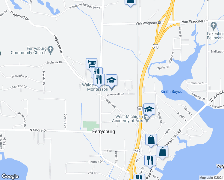 map of restaurants, bars, coffee shops, grocery stores, and more near 17339 Roosevelt Road in Spring Lake