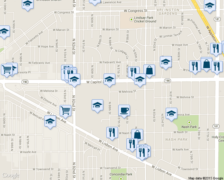 map of restaurants, bars, coffee shops, grocery stores, and more near 8728 West Melvina Street in Milwaukee
