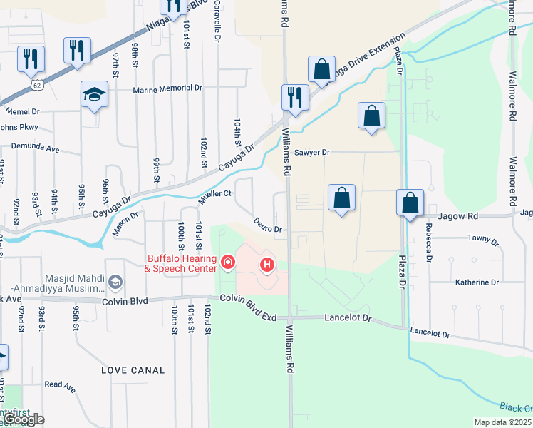 map of restaurants, bars, coffee shops, grocery stores, and more near 6908 Brookhaven Drive in Niagara Falls