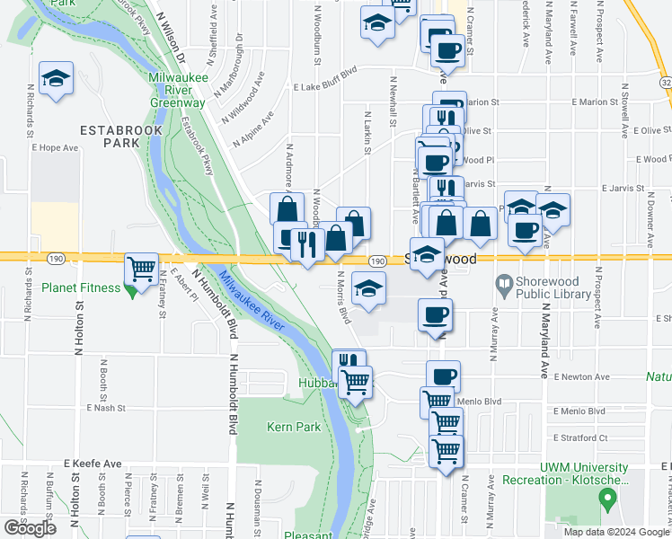 map of restaurants, bars, coffee shops, grocery stores, and more near 1433 Wisconsin 190 in Shorewood