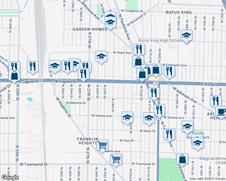 map of restaurants, bars, coffee shops, grocery stores, and more near 3934 North 24th Place in Milwaukee