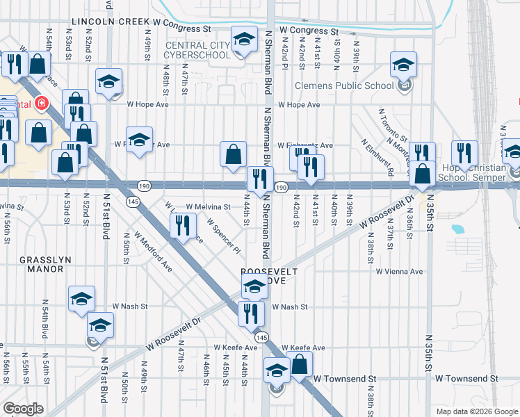 map of restaurants, bars, coffee shops, grocery stores, and more near in Milwaukee