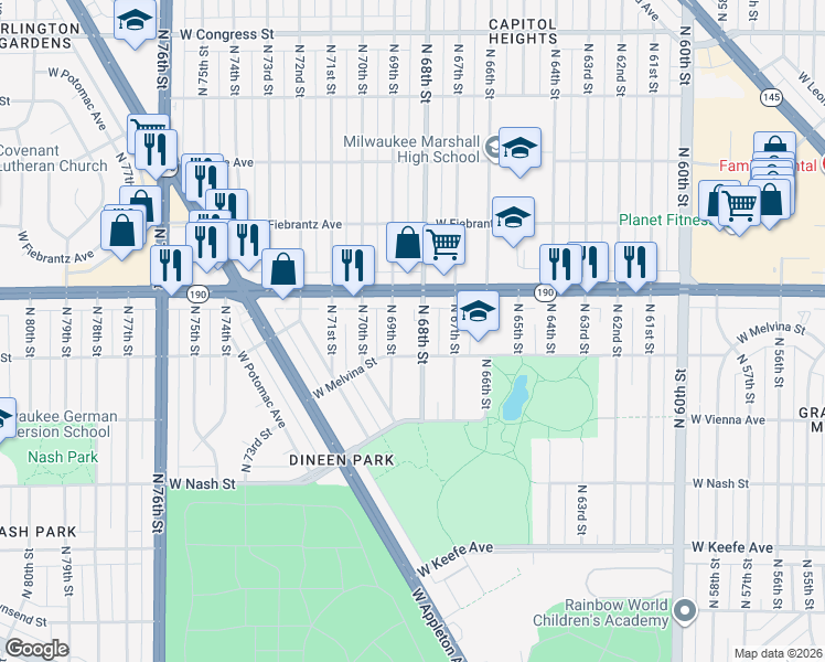 map of restaurants, bars, coffee shops, grocery stores, and more near 3937 North 68th Street in Milwaukee