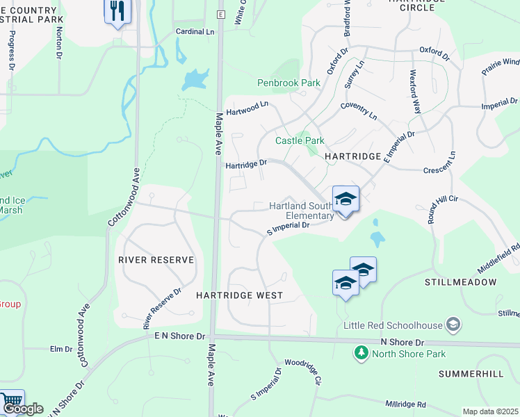 map of restaurants, bars, coffee shops, grocery stores, and more near 420-426 Manchester Lane in Hartland