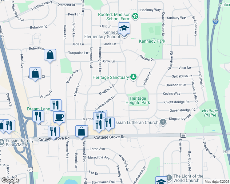 map of restaurants, bars, coffee shops, grocery stores, and more near 4809 Goldfinch Drive in Madison