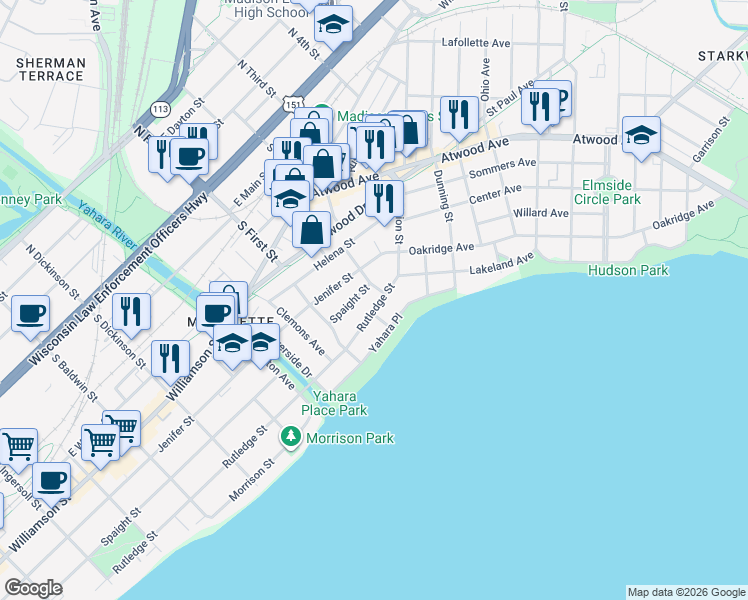 map of restaurants, bars, coffee shops, grocery stores, and more near 1870 Rutledge Street in Madison