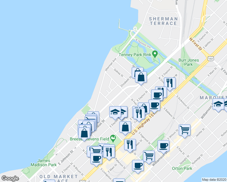 map of restaurants, bars, coffee shops, grocery stores, and more near 1137 Elizabeth Street in Madison