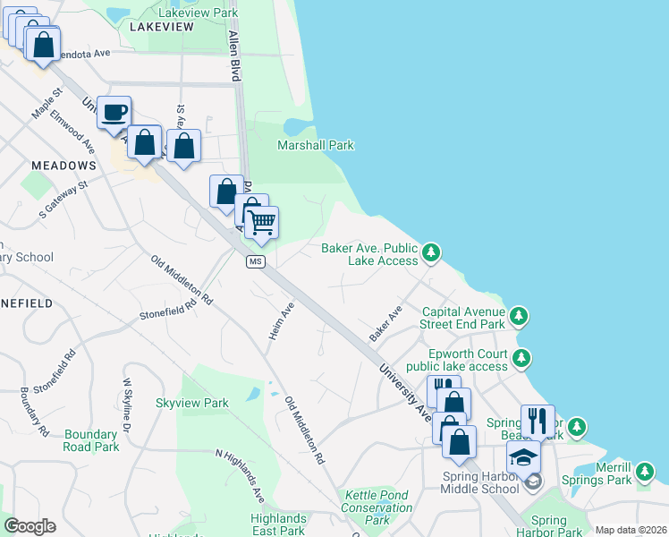 map of restaurants, bars, coffee shops, grocery stores, and more near 1726 Camelot Drive in Madison