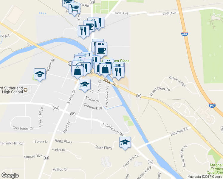 map of restaurants, bars, coffee shops, grocery stores, and more near 10 Boughton Avenue in Pittsford