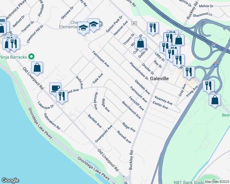 map of restaurants, bars, coffee shops, grocery stores, and more near 221 Ferncliff Avenue in Liverpool