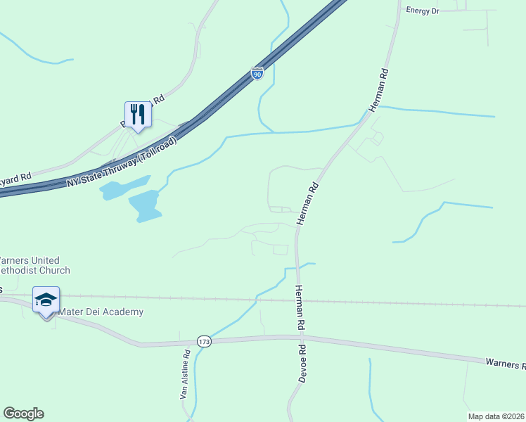 map of restaurants, bars, coffee shops, grocery stores, and more near 6573 Herman Road in Warners