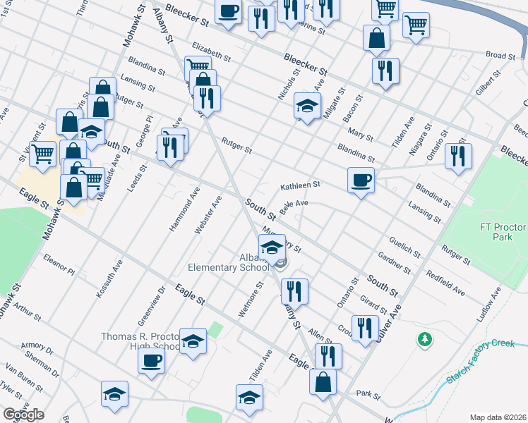 map of restaurants, bars, coffee shops, grocery stores, and more near 1158 South Street in Utica