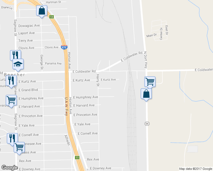 map of restaurants, bars, coffee shops, grocery stores, and more near 1371 East Grand Boulevard in Flint
