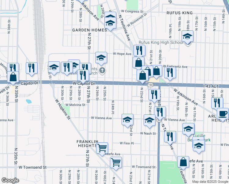 map of restaurants, bars, coffee shops, grocery stores, and more near 3934 North 24th Place in Milwaukee