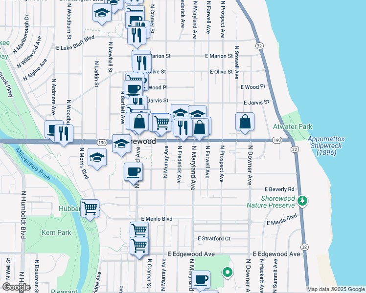 map of restaurants, bars, coffee shops, grocery stores, and more near 2101 East Capitol Drive in Shorewood