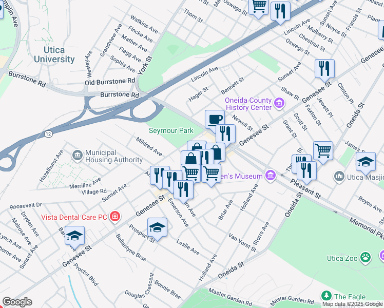 map of restaurants, bars, coffee shops, grocery stores, and more near 19 Shepherd Place in Utica
