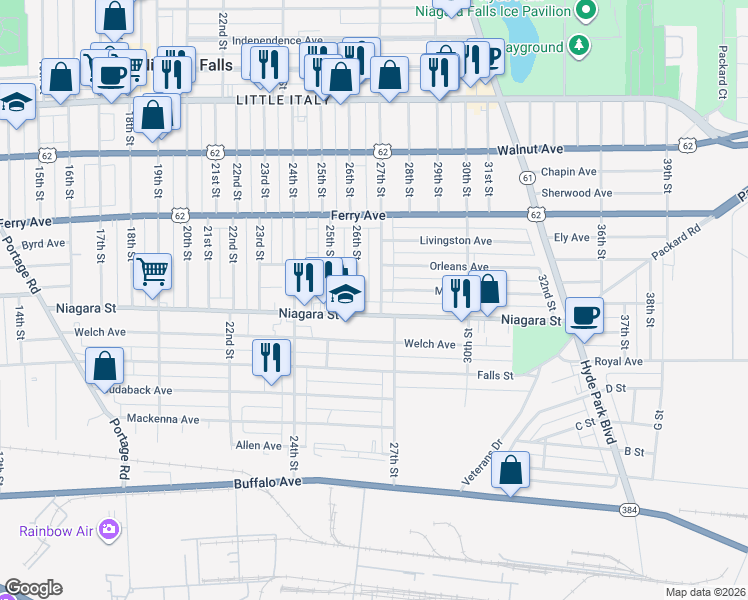 map of restaurants, bars, coffee shops, grocery stores, and more near 419 27th Street in Niagara Falls