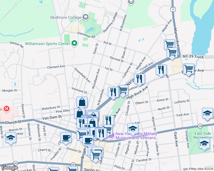 map of restaurants, bars, coffee shops, grocery stores, and more near 632 North Broadway in Saratoga Springs