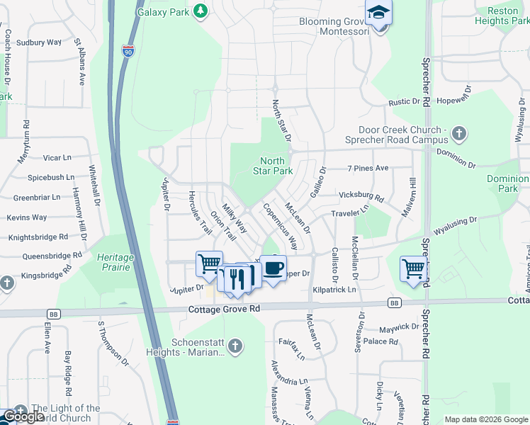 map of restaurants, bars, coffee shops, grocery stores, and more near 633 North Star Drive in Madison