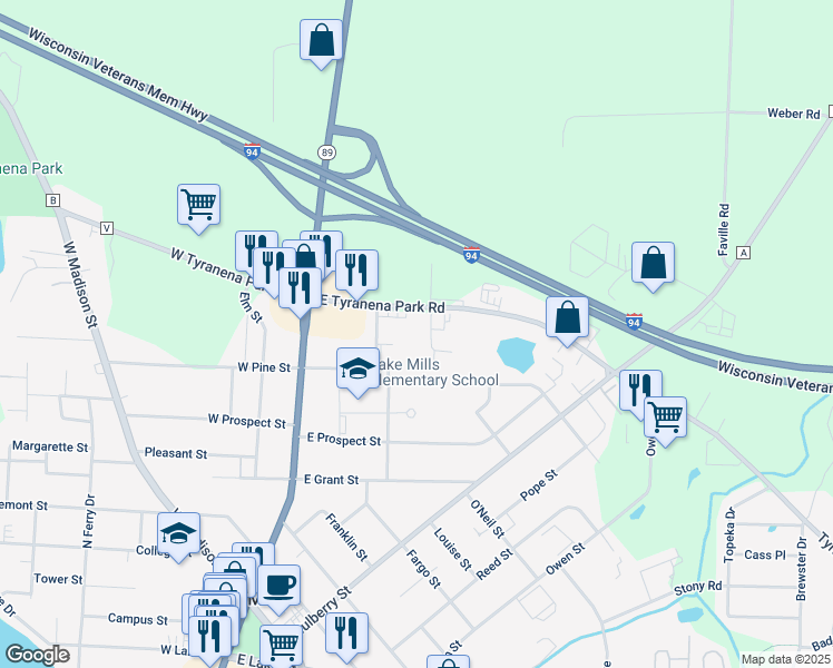 map of restaurants, bars, coffee shops, grocery stores, and more near 809 Cherokee Path in Lake Mills