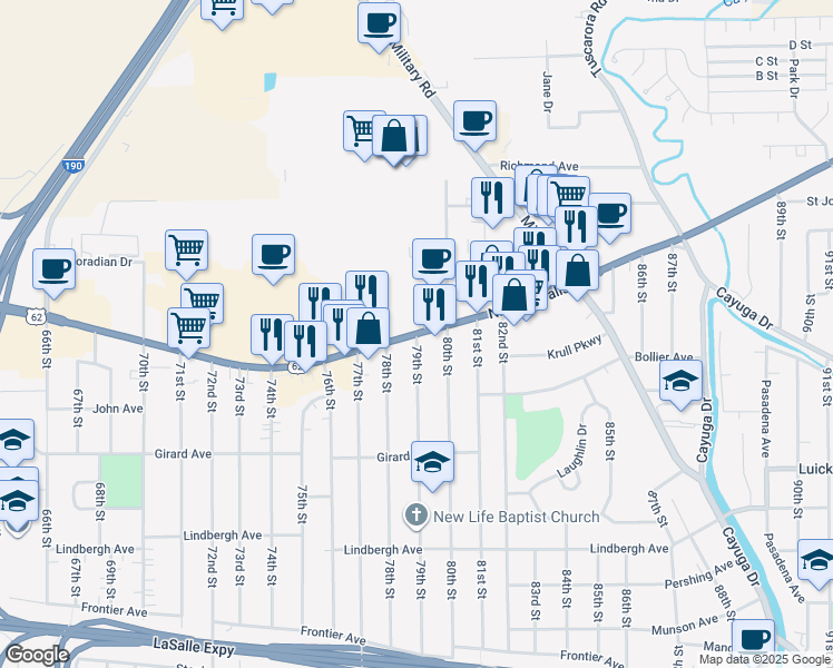 map of restaurants, bars, coffee shops, grocery stores, and more near Niagara Falls Boulevard in Niagara Falls