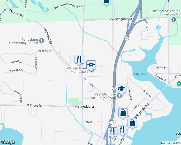 map of restaurants, bars, coffee shops, grocery stores, and more near 17339 Roosevelt Road in Spring Lake