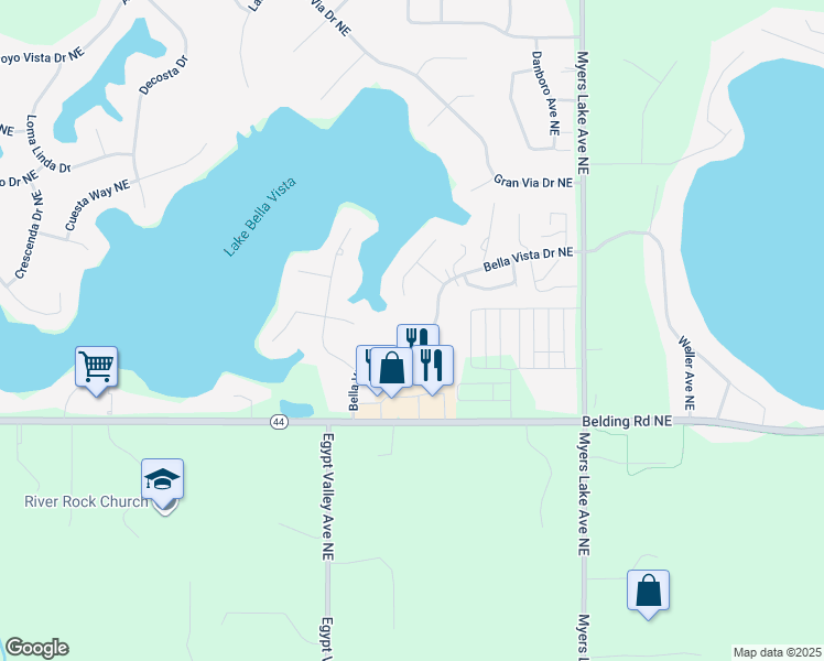 map of restaurants, bars, coffee shops, grocery stores, and more near 6525 Bella Vista Drive Northeast in Rockford