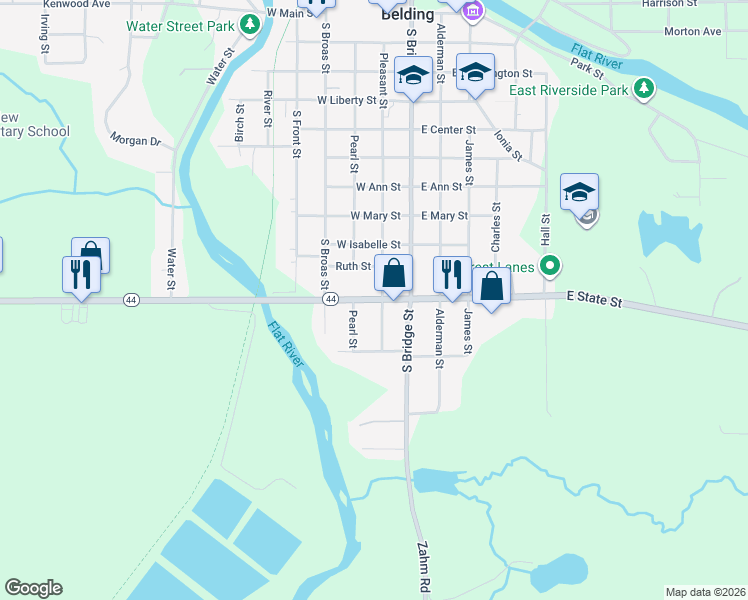 map of restaurants, bars, coffee shops, grocery stores, and more near 224 West State Street in Belding