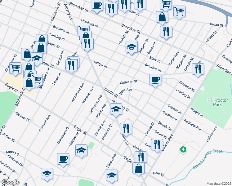 map of restaurants, bars, coffee shops, grocery stores, and more near 1203 South Street in Utica