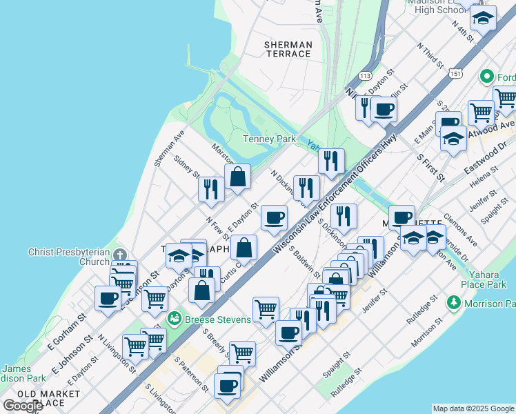 map of restaurants, bars, coffee shops, grocery stores, and more near 1305 East Dayton Street in Madison
