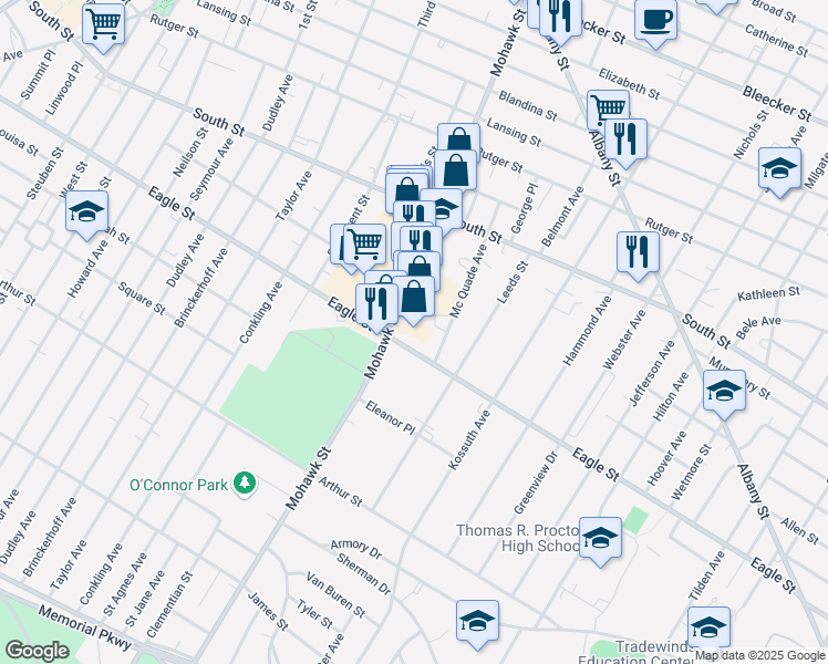 map of restaurants, bars, coffee shops, grocery stores, and more near 1155 Mohawk Street in Utica