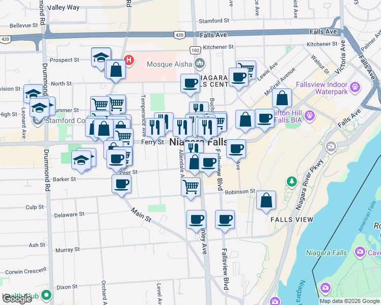 map of restaurants, bars, coffee shops, grocery stores, and more near 5528 Ferry Street in Niagara Falls