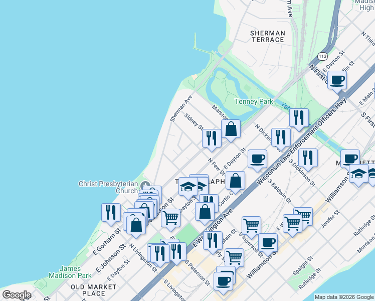 map of restaurants, bars, coffee shops, grocery stores, and more near 1137 Elizabeth Street in Madison