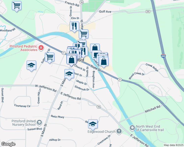 map of restaurants, bars, coffee shops, grocery stores, and more near 7 Boughton Avenue in Pittsford