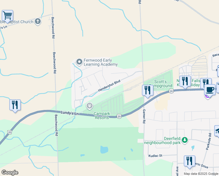 map of restaurants, bars, coffee shops, grocery stores, and more near 9248 Hendershot Boulevard in Thorold