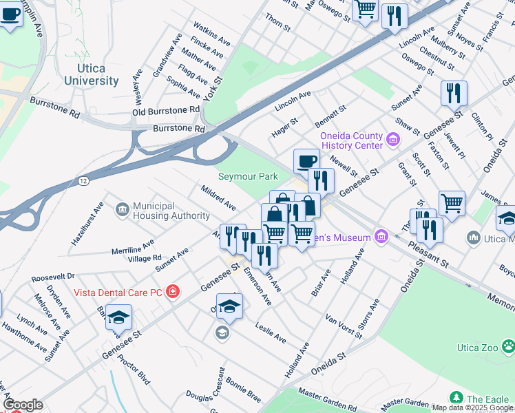map of restaurants, bars, coffee shops, grocery stores, and more near 21 Rose Place in Utica