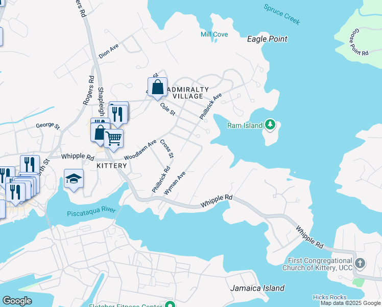 map of restaurants, bars, coffee shops, grocery stores, and more near 39 Wyman Avenue in Kittery