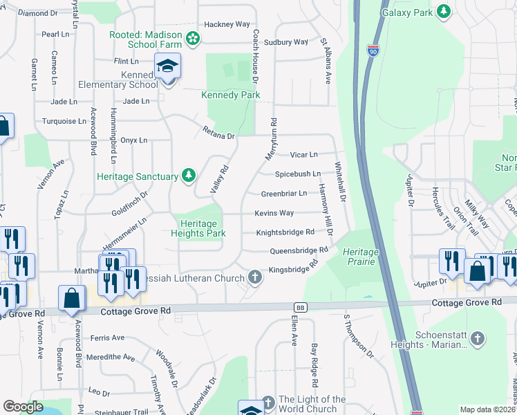 map of restaurants, bars, coffee shops, grocery stores, and more near 5214 Kevins Way in Madison