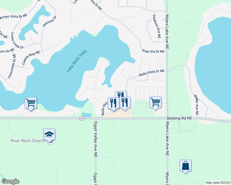 map of restaurants, bars, coffee shops, grocery stores, and more near 6495 Bella Vista Drive Northeast in Rockford