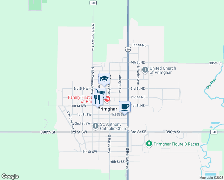 map of restaurants, bars, coffee shops, grocery stores, and more near 280 North Hayes Avenue in Primghar