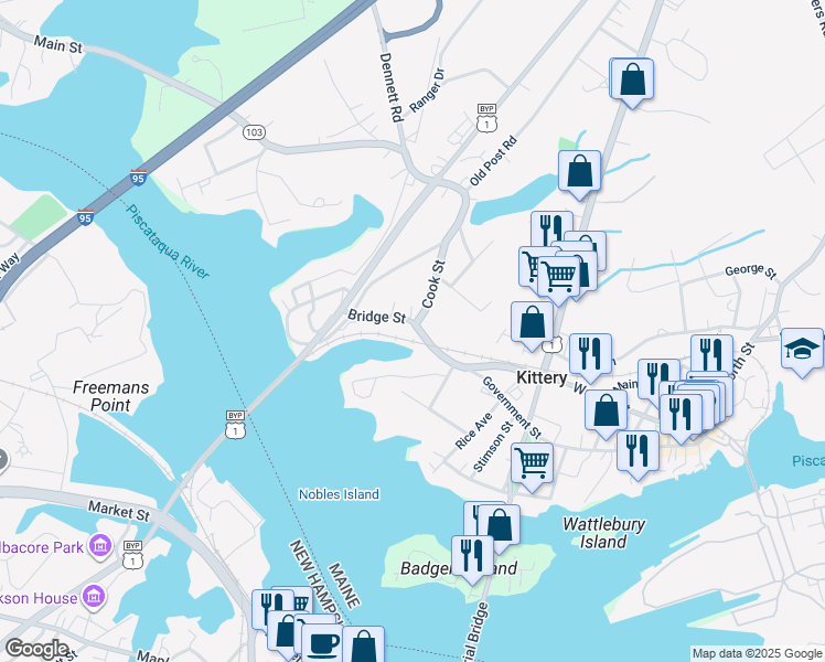 map of restaurants, bars, coffee shops, grocery stores, and more near 5 Bridge Street in Kittery