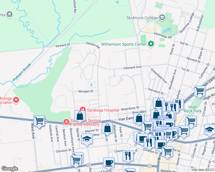 map of restaurants, bars, coffee shops, grocery stores, and more near 57 Van Dorn Street in Saratoga Springs