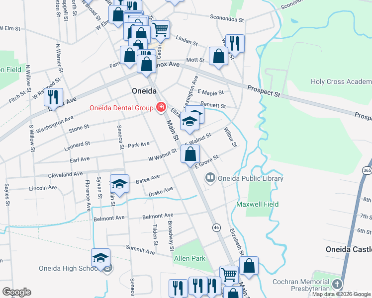 map of restaurants, bars, coffee shops, grocery stores, and more near 401 Main Street in Oneida