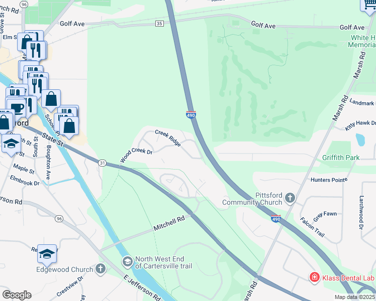 map of restaurants, bars, coffee shops, grocery stores, and more near 135 Wood Creek Drive in Pittsford