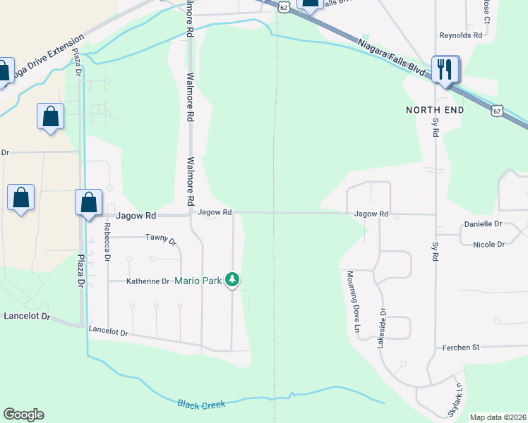 map of restaurants, bars, coffee shops, grocery stores, and more near 2347 Jagow Road in Niagara Falls