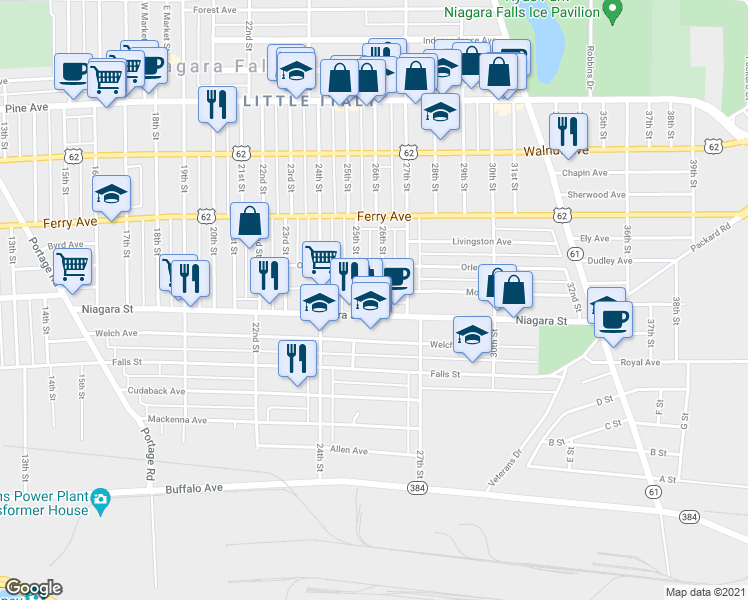 map of restaurants, bars, coffee shops, grocery stores, and more near 416 26th Street in Niagara Falls