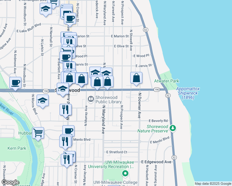 map of restaurants, bars, coffee shops, grocery stores, and more near 3950 North Farwell Avenue in Shorewood