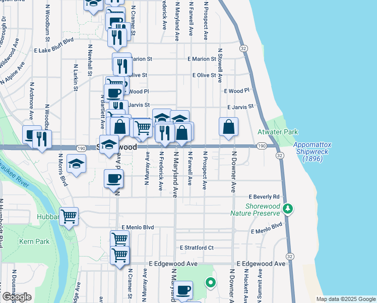 map of restaurants, bars, coffee shops, grocery stores, and more near 2211 East Capitol Drive in Shorewood