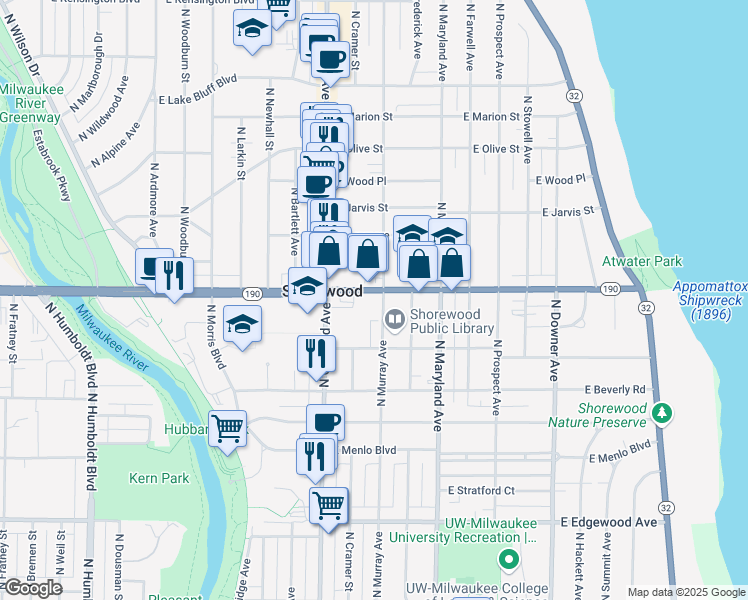 map of restaurants, bars, coffee shops, grocery stores, and more near 3956 North Murray Avenue in Shorewood