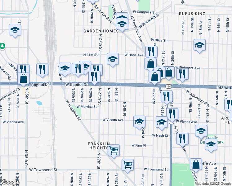 map of restaurants, bars, coffee shops, grocery stores, and more near 3941 North 25th Street in Milwaukee